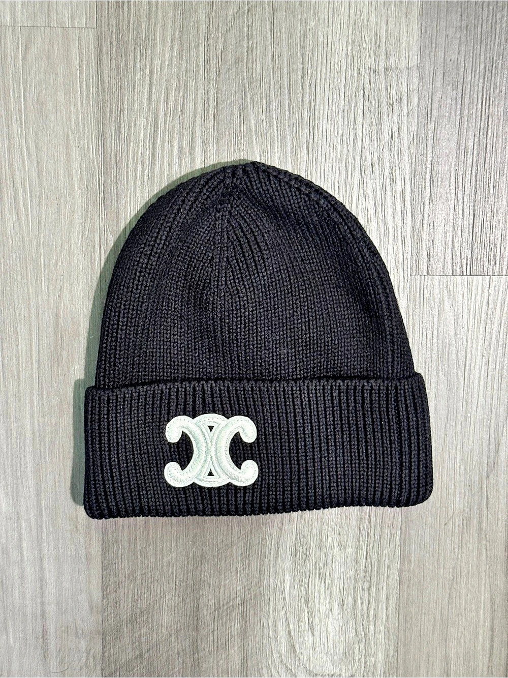Celine Wool Beanie with Embroidered Patches Black